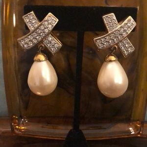 Vintage Clip Rhinestone and Pearl Drop Earrings